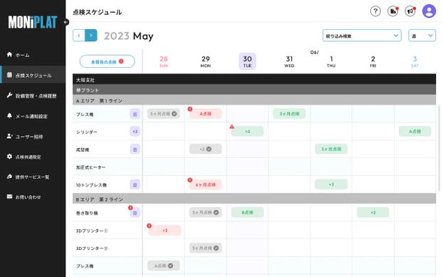 MONiPLAT モニプラット画面：未報告点検の強調表示