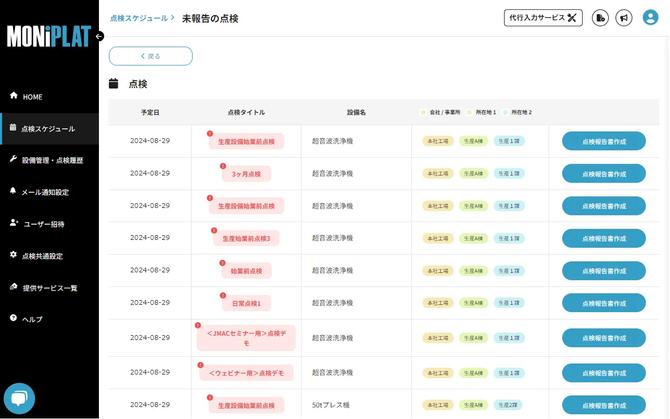 MONiPLAT モニプラット画面：未報告点検の強調表示